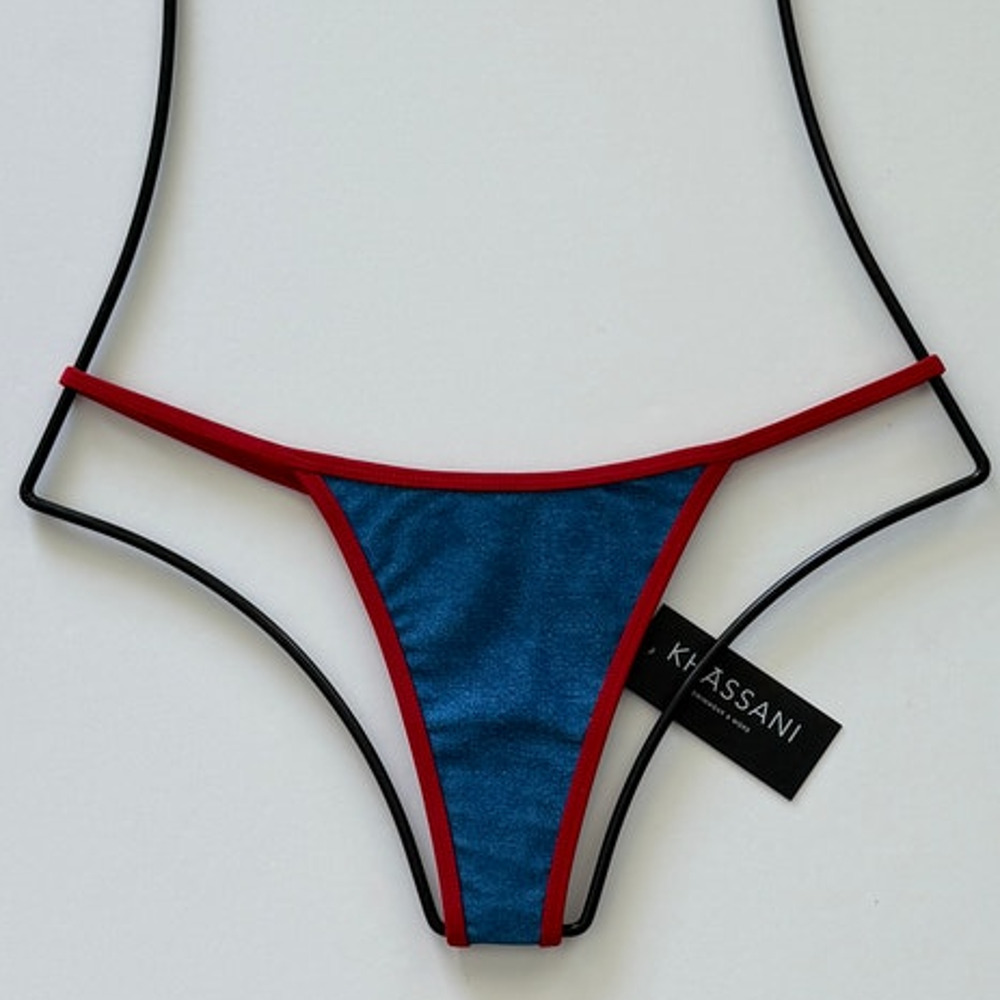 Khassani Swim Tiny Tanga Bikini Bottom -Jean / Rouge - L - NWT